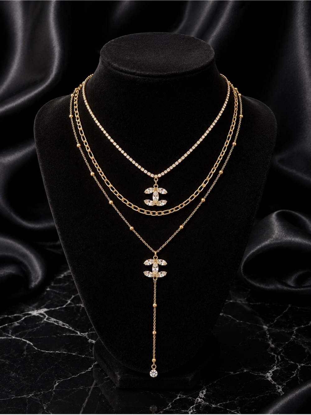 Gold Crystal CC Logo Layered Lariat Necklace Set